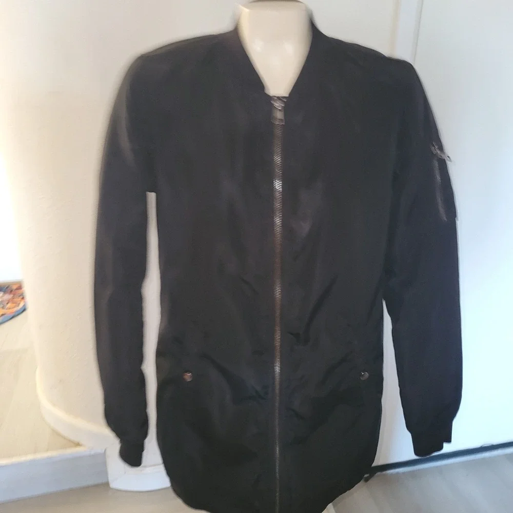 BE COOL Black Long Bomber Jacket Womens Zip Front Casual Outerwear M lightweight